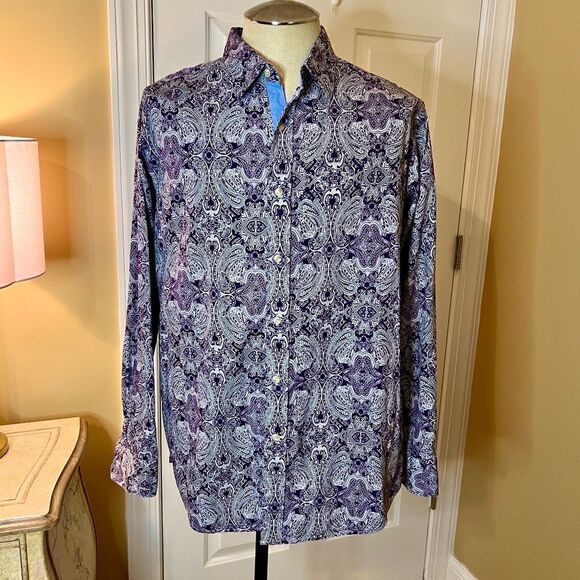 NWOT Men's Cremieux Purple & Gray Paisley Button Front Long Sleeve Shirt Size XL - Picture 1 of 3